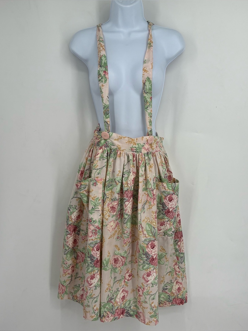 Vintage 70s 9 Cottagecore Prairie Floral Pink Overall Skirt Cross Back Retro